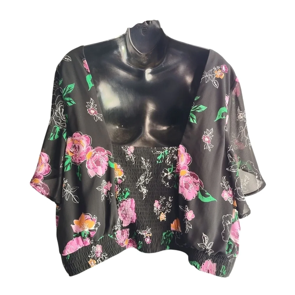 Torrid Floral Chiffon Smocked Back Crop Blouse Black Pink Flowy Sleeve Sz 4 - Picture 2 of 8